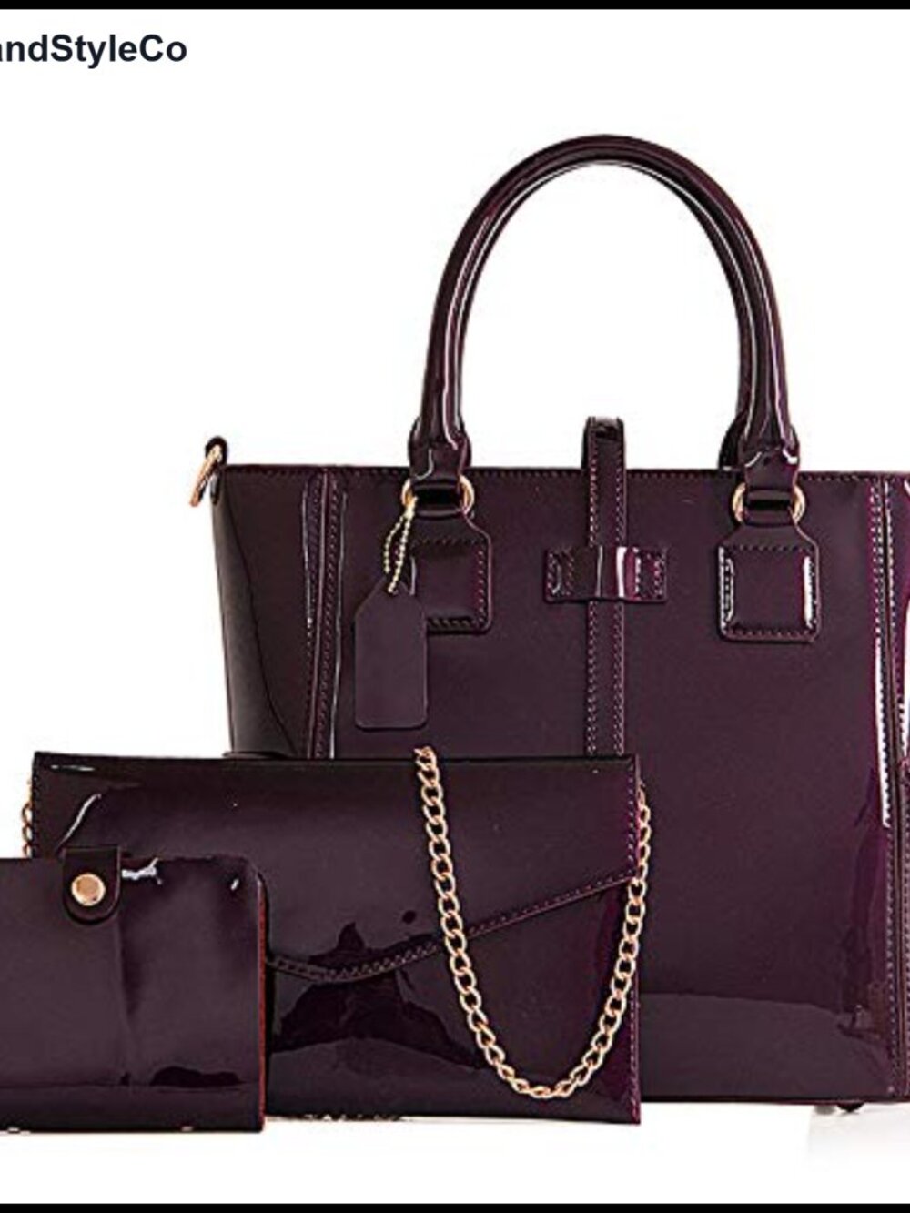Vegan Patent Leather Tote Satchel Shoulder Bag 3pc Set with Wallet Crossbody